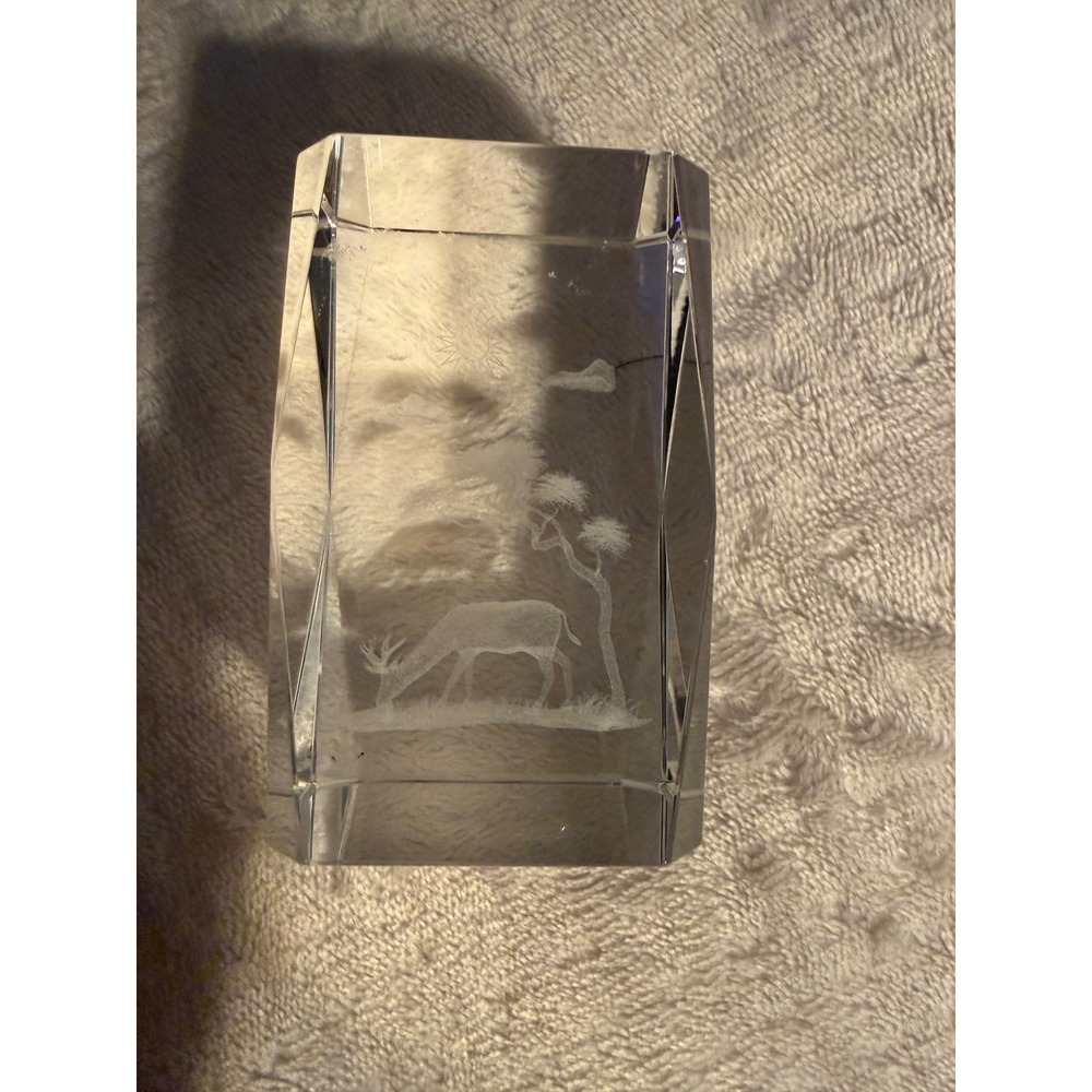 Vintage Laser Etched Glass Deer Paperweight Beveled Crystal Block Nature Decor